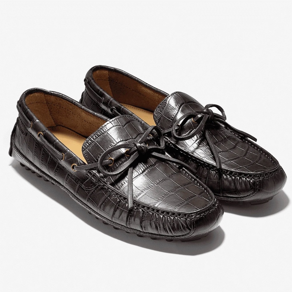 Cole Haan Grant Canoe Reptile Texture Moccasin in Chestnut Brown.